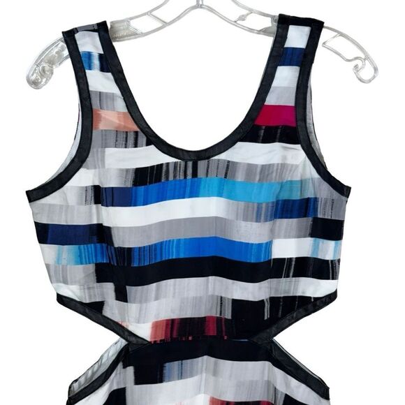Parker Silk Cutout Rainbow Mini Dress Leather Contrast Tank Colorful Summer M - Picture 6 of 13